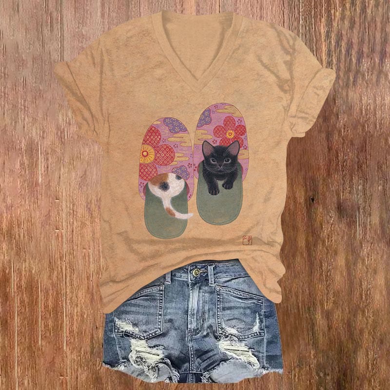 Japanese Art Cute Cat Art Print V-neck T-shirt - Yellow - US32-34(5XL) - image 1