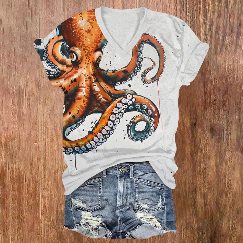 Japanese Art Octopus Art Print V-neck T-shirt - White - US32-34(5XL) - image 1