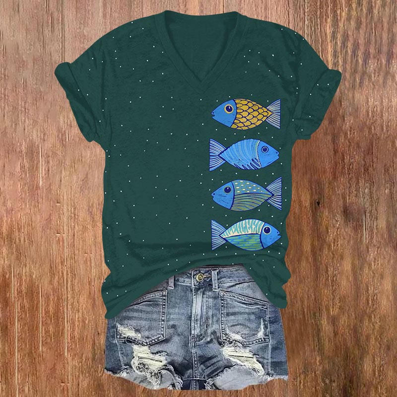 Fish Art Print V-neck T-shirt - Green - US32-34(5XL) - image 1