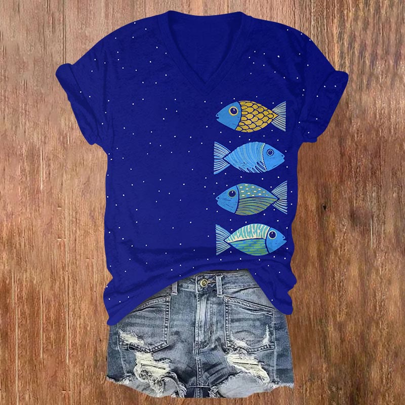 Fish Art Print V-neck T-shirt - Blue - US32-34(5XL) - image 2
