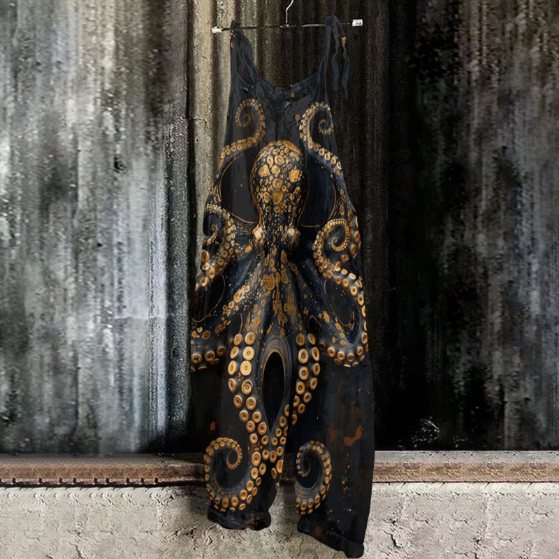Vintage Octopus Art Print Casual Jumpsuit  - Black - 5XL - image 1