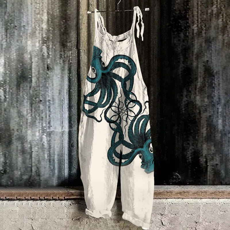 Vintage Oil Painting Octopus Print Casual Jumpsuit  - Beige - 5XL - image 1
