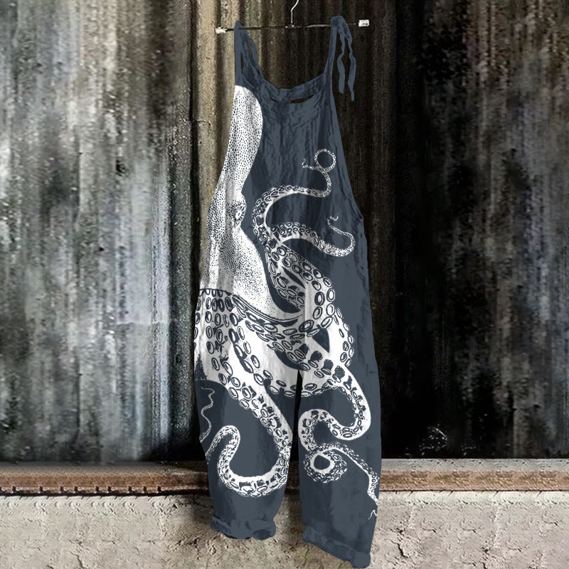 Japanese Art Octopus Graphic Print Casual Jumpsuit  - Dark Blue - 5XL - image 2