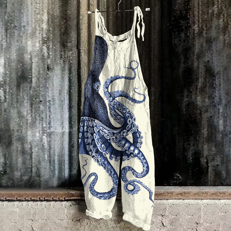 Japanese Art Octopus Graphic Print Casual Jumpsuit  - Beige - 5XL - image 1