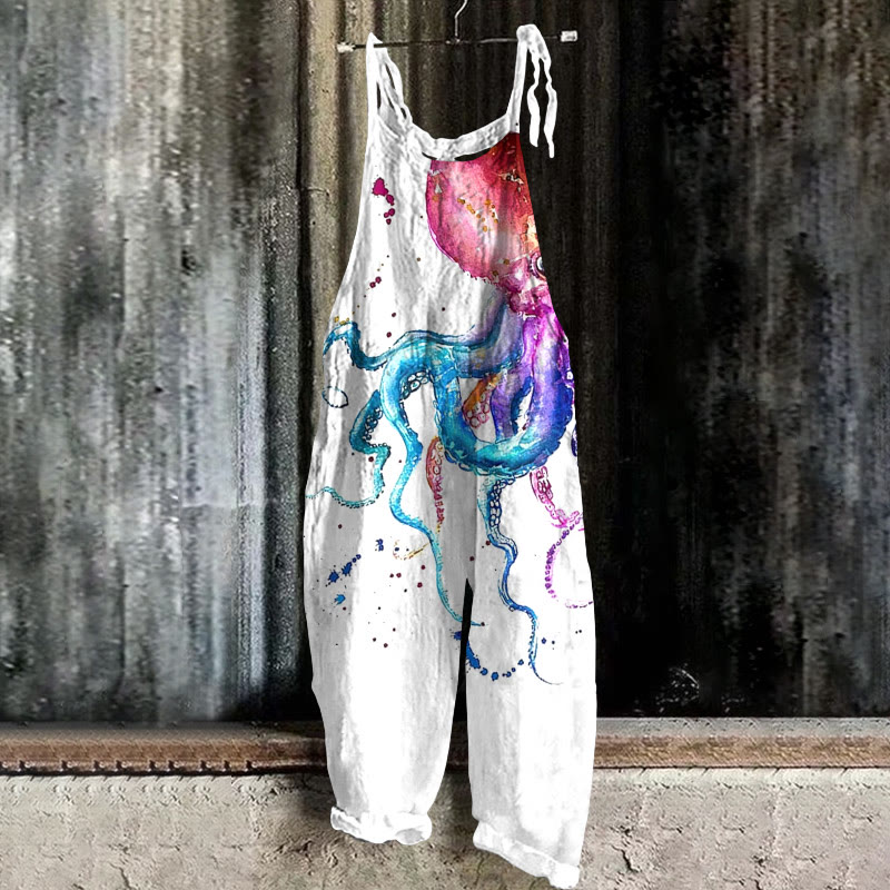 Colorful Watercolor Octopus Print Casual Jumpsuit  - White - 5XL - image 1
