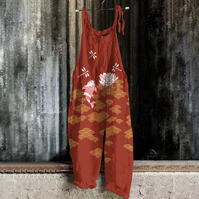 Japanese Style Koi Fish Dragonfly Wave Art Print Casual Jumpsuit  - Red - 5XL - image 2