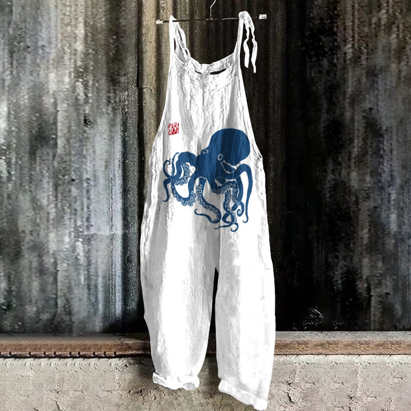 Octopus Japanese Lino Art Print Casual Jumpsuit  - Blue - 5XL - image 1