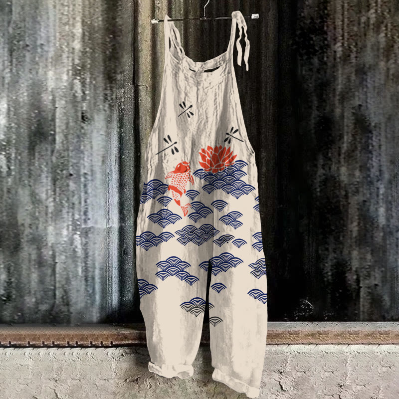 Japanese Style Koi Fish Dragonfly Wave Art Print Casual Jumpsuit  - Apricot - 5XL - image 1