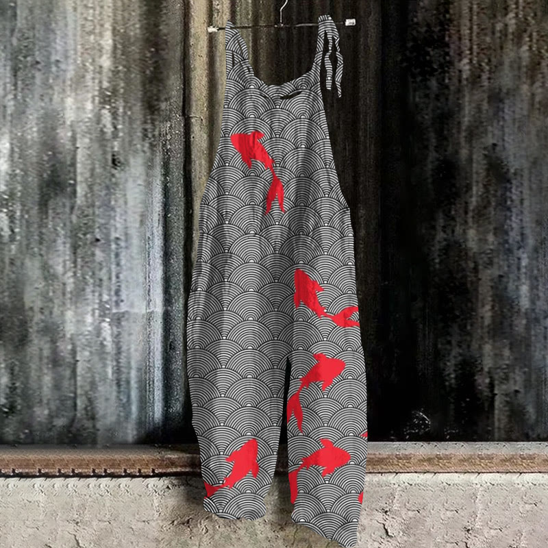 Japanese Goldfish Art Print Casual Jumpsuit  - Black - 5XL - image 1