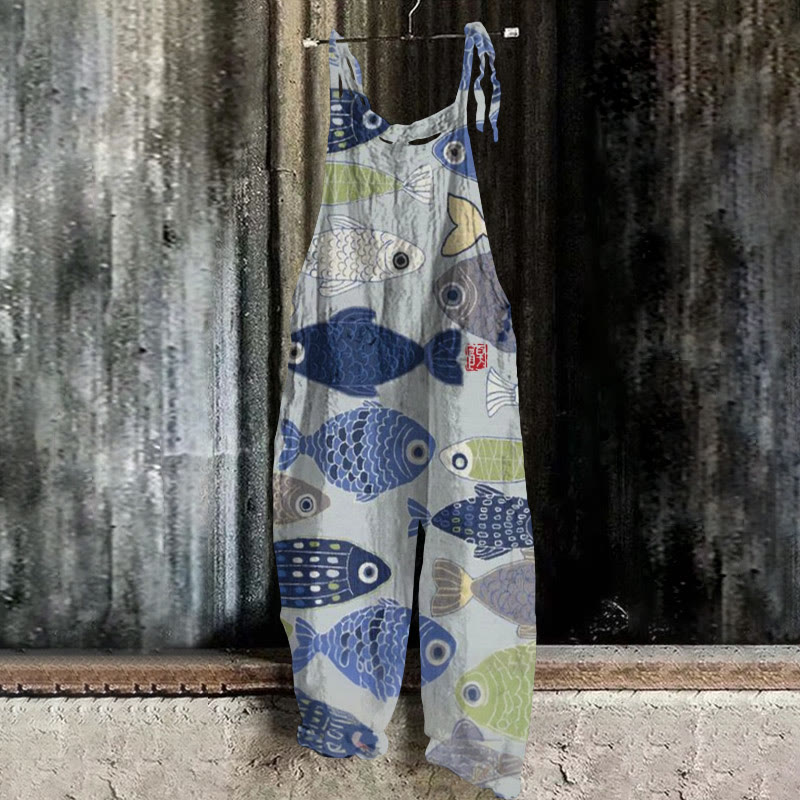 Vintage Fish Japanese Art Print Casual Jumpsuit  - Blue - 5XL - image 1
