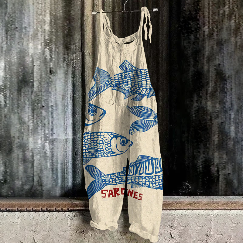 Japanese Style Cute Sardines Art Print Casual Jumpsuit  - Apricot - 5XL - image 1