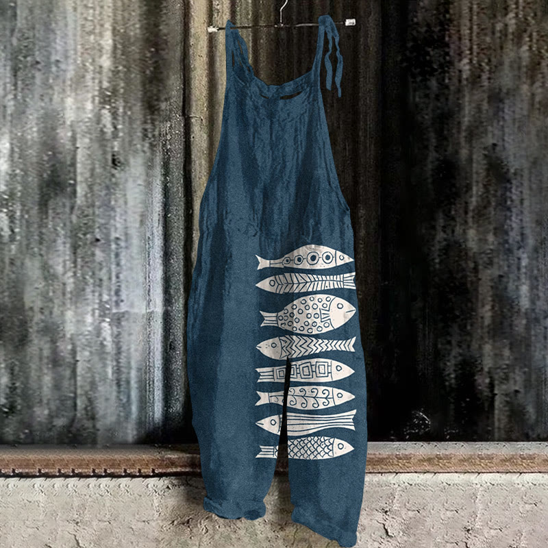 Fish Japanese Lino Art Print Casual Jumpsuit  - Blue - 5XL - image 1