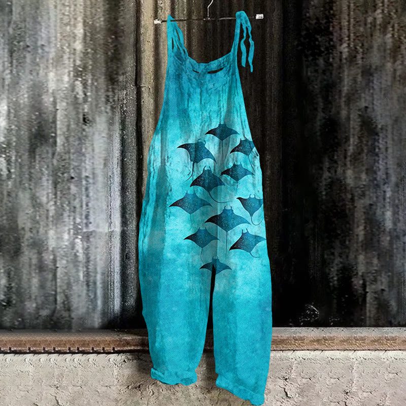 Vintage Manta Ray Art Print Casual Jumpsuit  - Lake Blue - 5XL - image 1