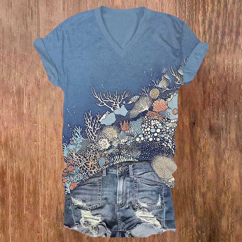 Mystical Marine Plants Print V-neck T-shirt - Blue - US32-34(5XL) - image 1