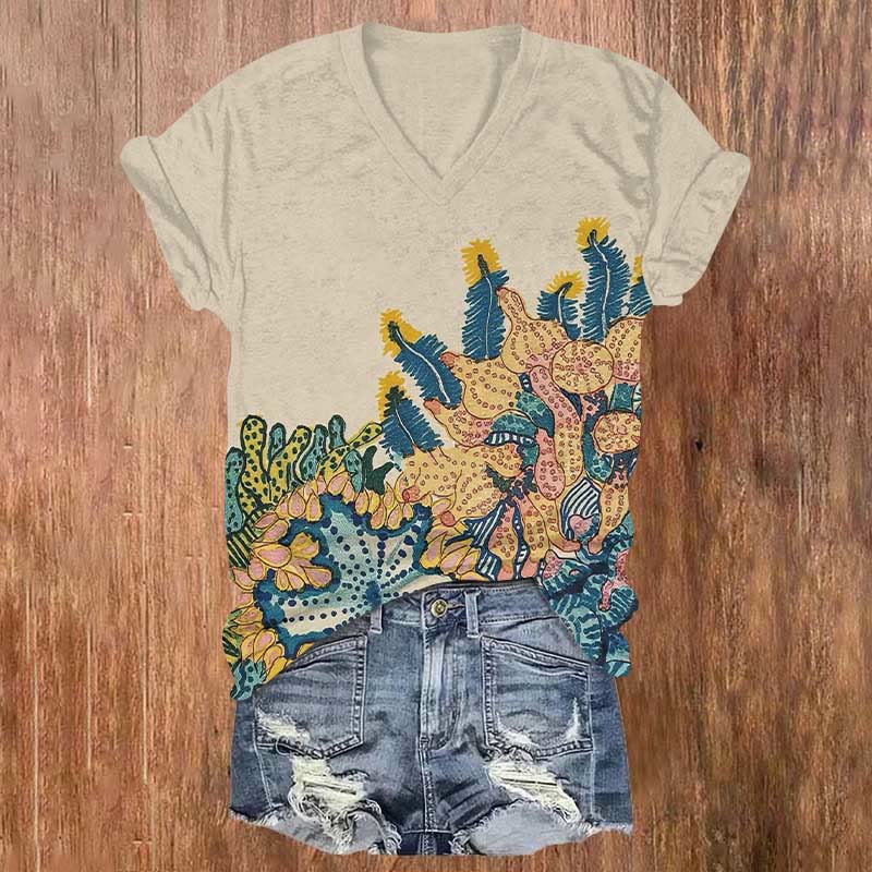 Funny Ocean Plants Print V-neck T-shirt - Apricot - US32-34(5XL) - image 1
