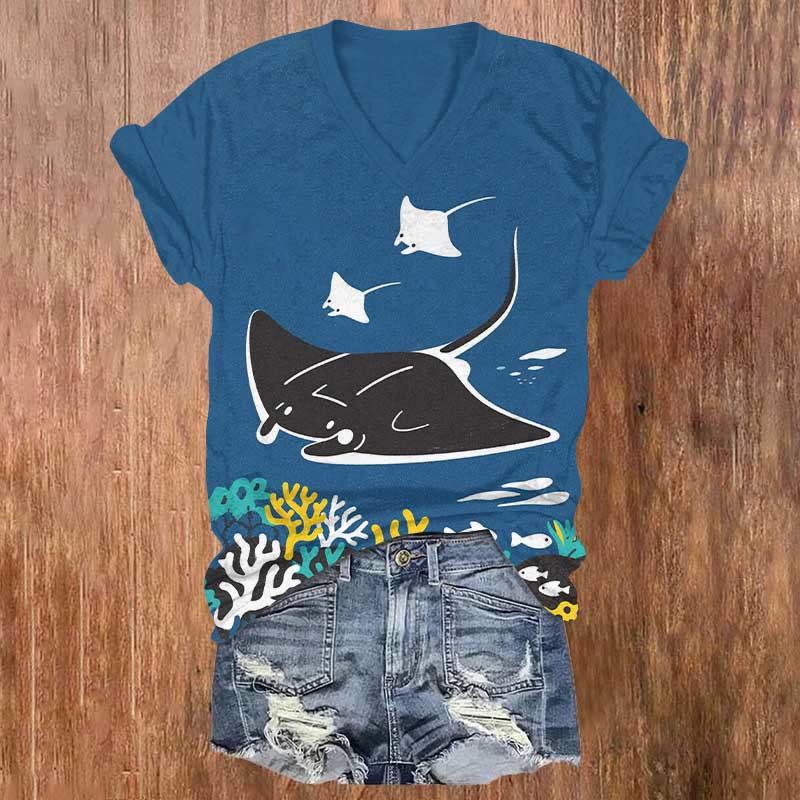 Funny Cartoon Mother & Baby Ray Print V-neck T-shirt - Blue - US32-34(5XL) - image 1