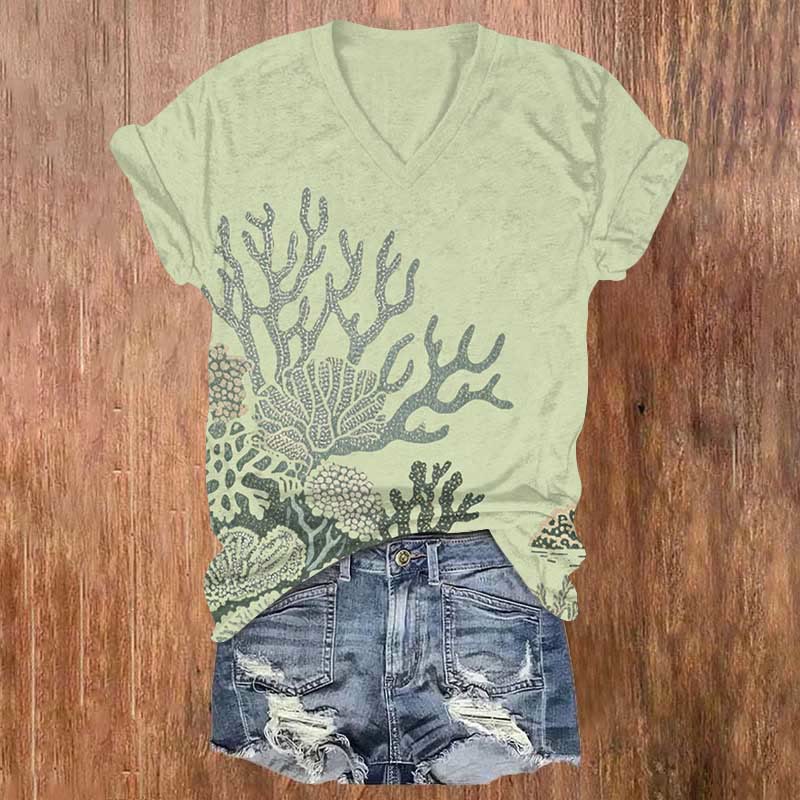 Funny Abstract Coral Art Print V-neck T-shirt - Green - US32-34(5XL) - image 3