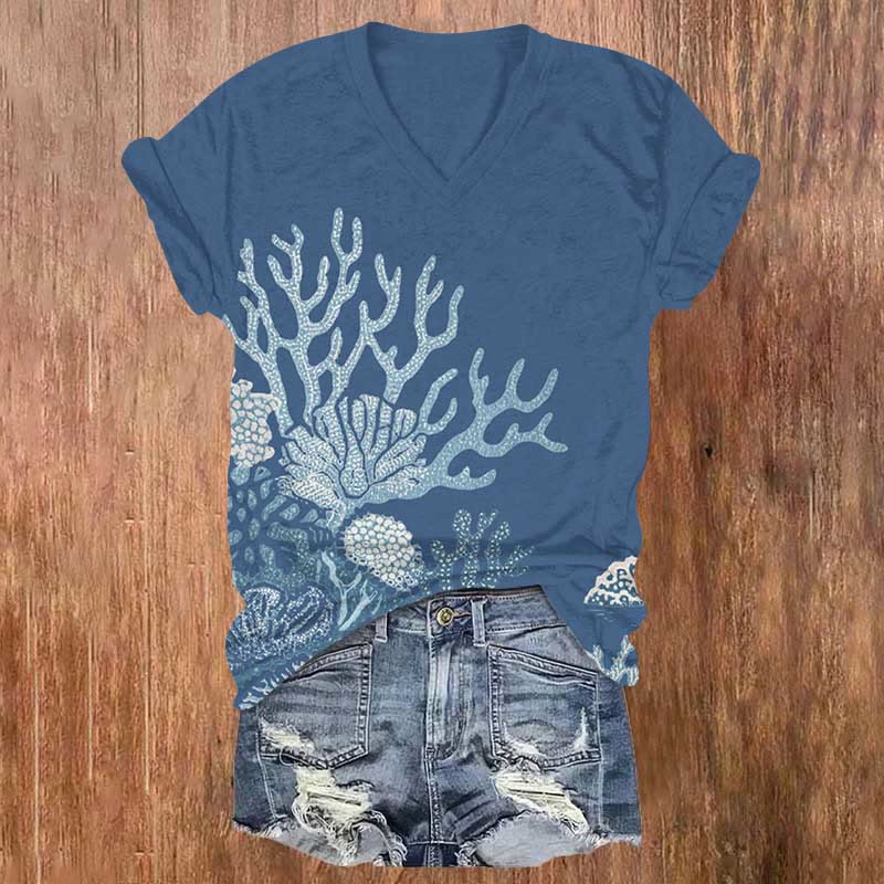 Funny Abstract Coral Art Print V-neck T-shirt - Blue - US32-34(5XL) - image 1