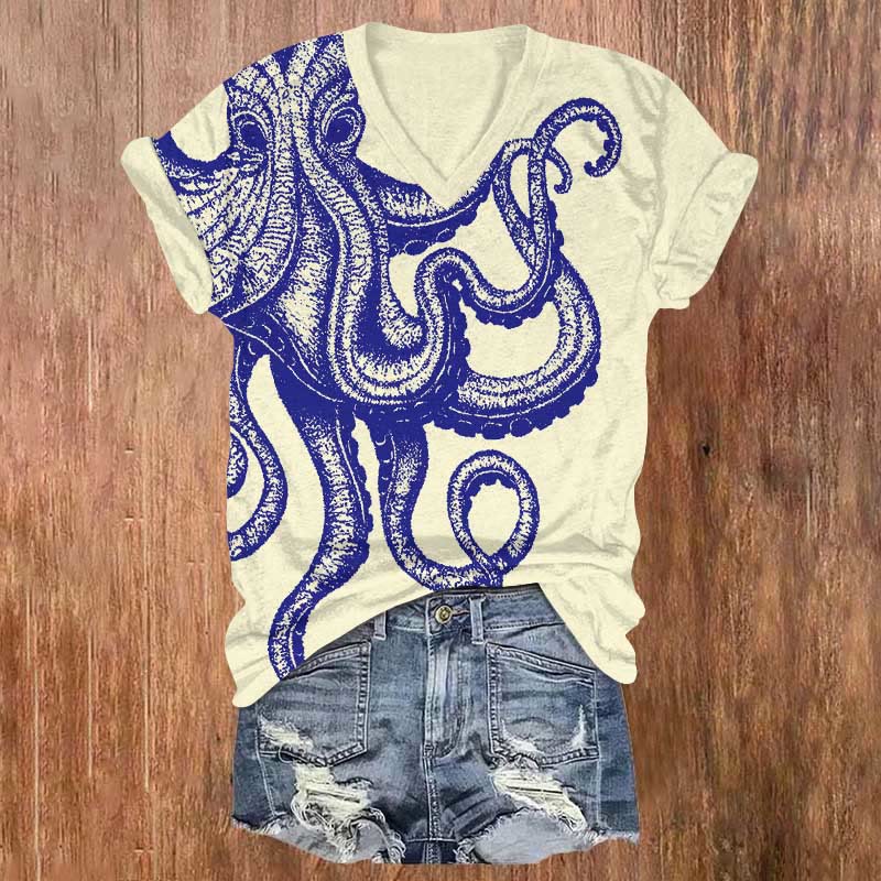 Mystical Watercolor Octopus Art Print V-neck T-shirt - Beige - US32-34(5XL) - image 1