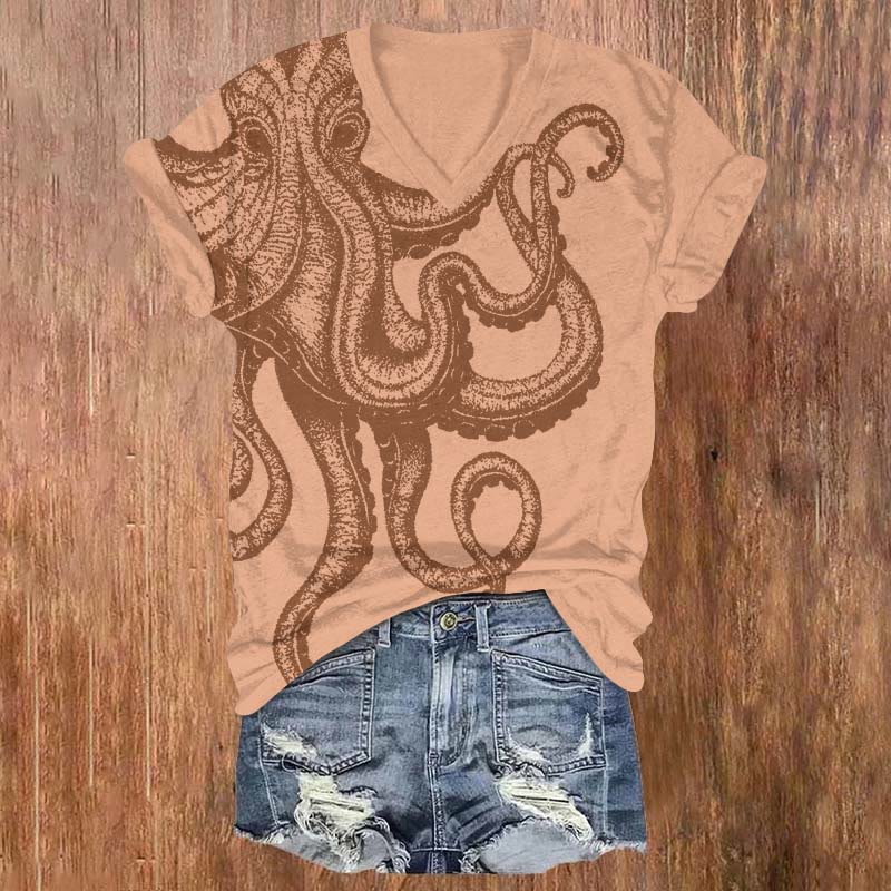 Mystical Watercolor Octopus Art Print V-neck T-shirt - Orange - US32-34(5XL) - image 5