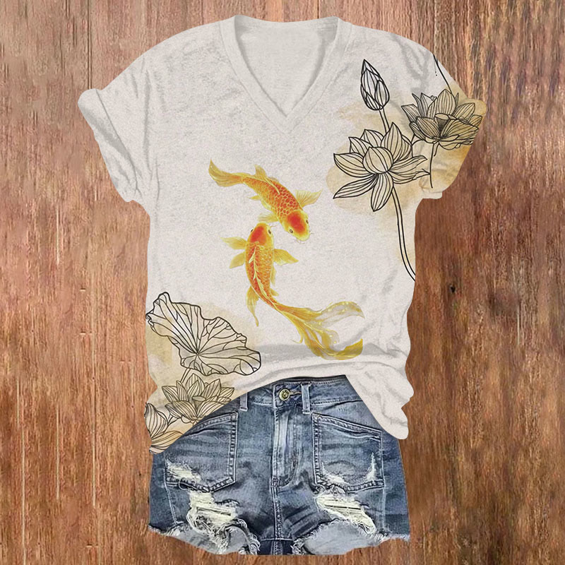 Japanese Lotus & Golden Koi Art Print V-neck T-shirt - Apricot - US32-34(5XL) - image 1