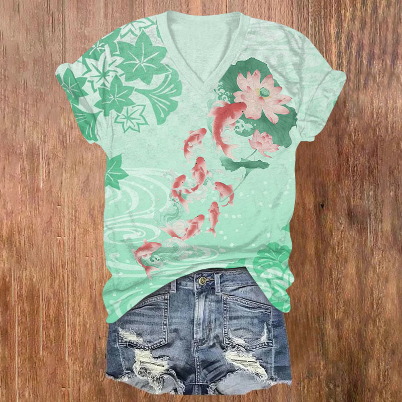Japanese Watercolor Koi & Lotus Pond Print V-neck T-shirt - Green - US32-34(5XL) - image 1