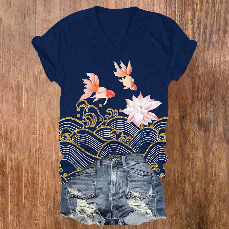 Japanese Wave Lotus Blossom & Goldfish Art Print V-neck T-shirt - Navy Blue - US32-34(5XL) - image 1