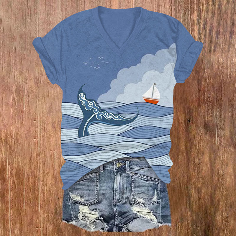 Japanese Ocean Wave Boat & Whale's Tail Print V-neck T-shirt - Blue - US32-34(5XL) - image 1