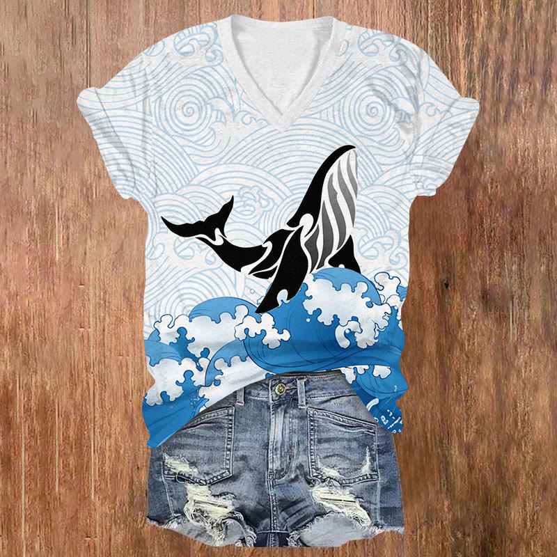 Japanese Ocean Wave & Black Whale Art Print V-neck T-shirt - Blue - US32-34(5XL) - image 1