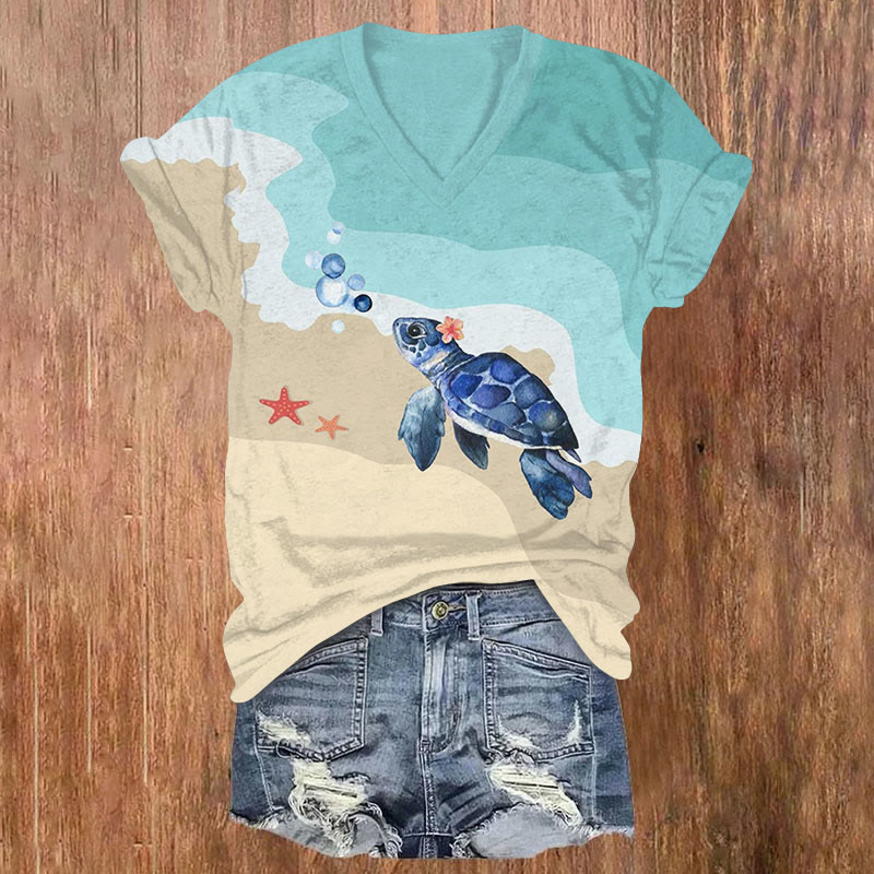 Lovely Floral Sea Turtle Art Print V-neck T-shirt - Green - US32-34(5XL) - image 1