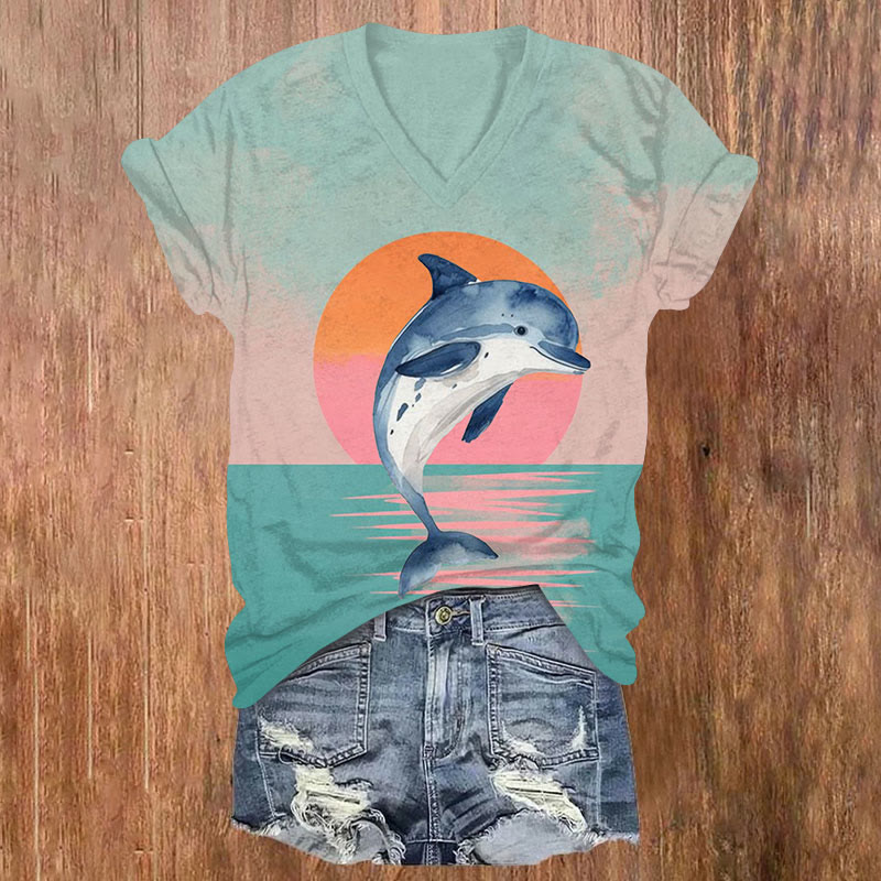 Lovely Watercolor Baby Dolphin Print V-neck T-shirt - Green - US32-34(5XL) - image 1