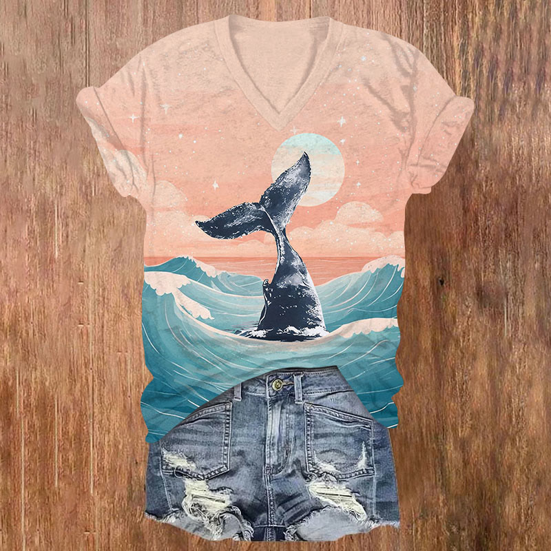 Spectacular Sunset & Whale Print V-neck T-shirt - Orange - US32-34(5XL) - image 1