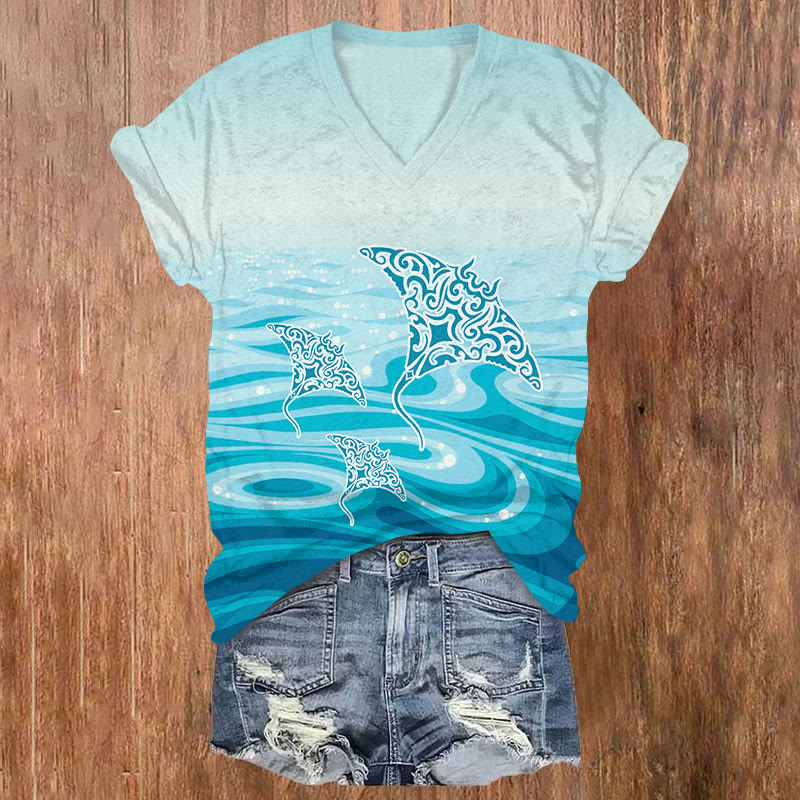 Funny Abstract Ray Art Print V-neck T-shirt - Blue - US32-34(5XL) - image 1