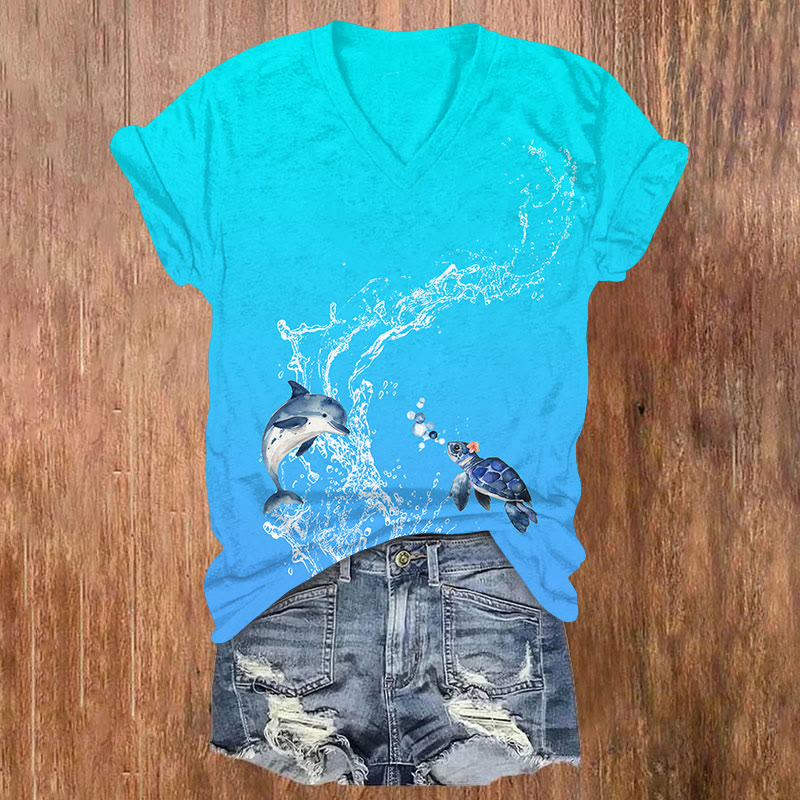 Lovely Baby Dolphin & Sea Turtle Art Print V-neck T-shirt - Blue - US32-34(5XL) - image 2