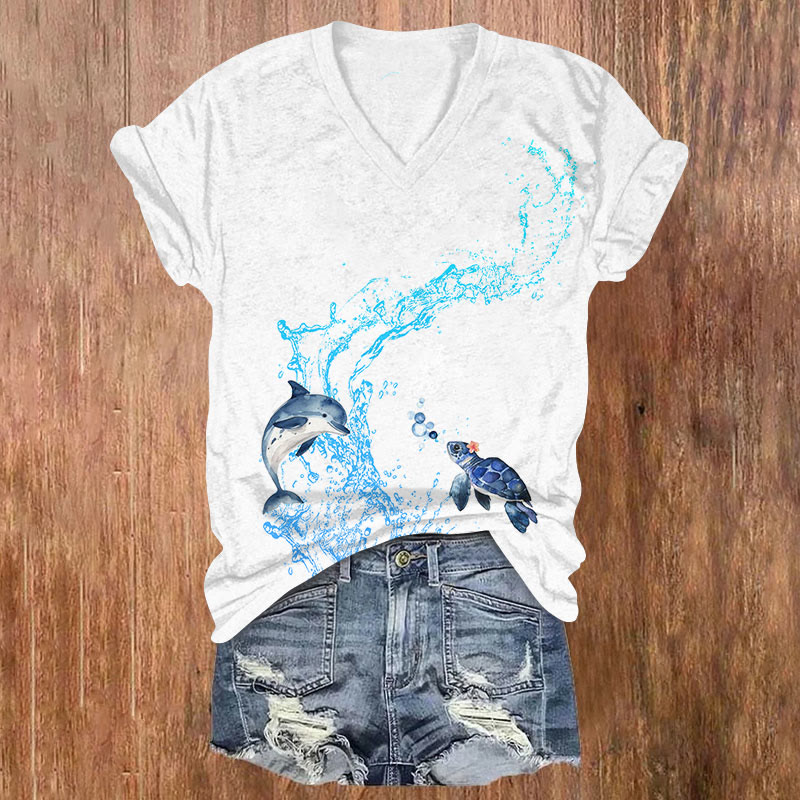 Lovely Baby Dolphin & Sea Turtle Art Print V-neck T-shirt - White - US32-34(5XL) - image 1