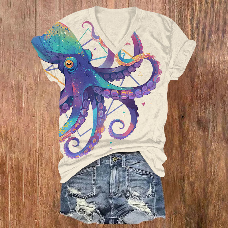 Watercolor Rainbow Octopus Print V-neck T-shirt - Apricot - US32-34(5XL) - image 1