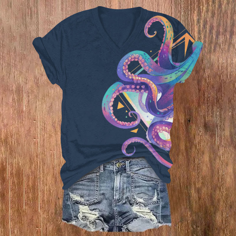 Watercolor Ombre Rainbow Octopus Art Print V-neck T-shirt - Blue - US32-34(5XL) - image 1