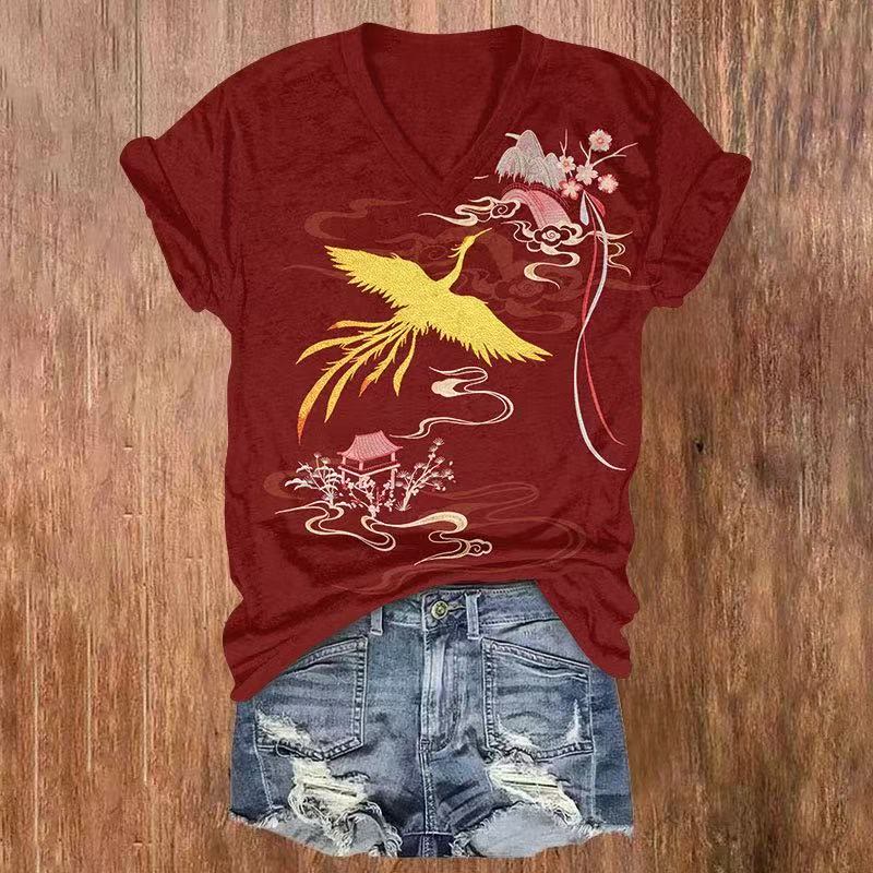 Japanese Crane Fly Over Moutains Print V-neck T-shirt - Red - US32-34(5XL) - image 2