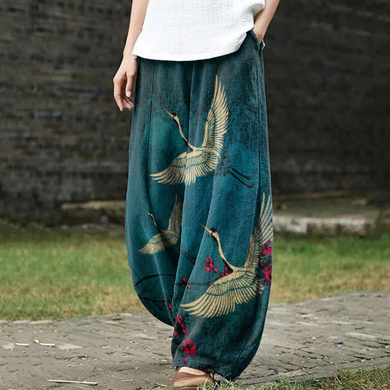 Women's Japanese Style Crane Art Print Casual Pants - Dark Green - US18(5XL) - image 1