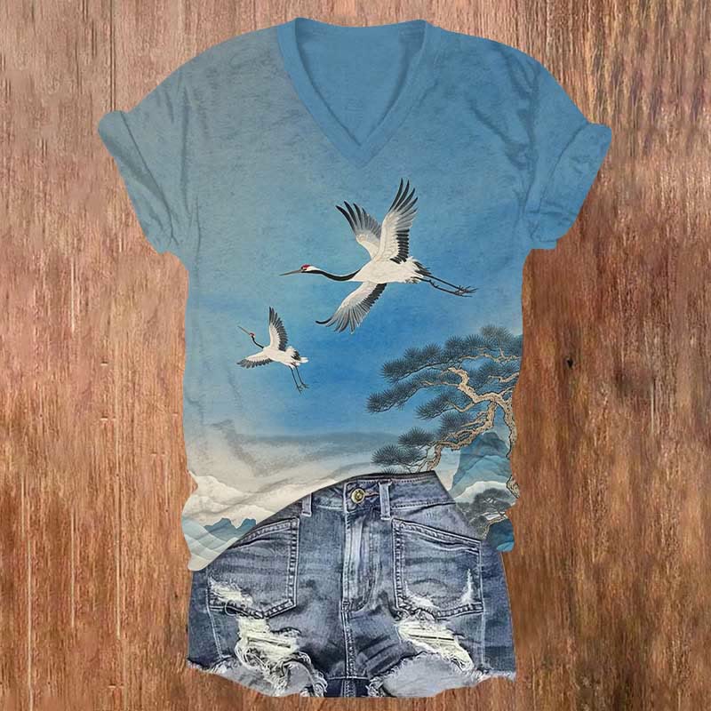 Japanese Crane Flying Under Blue Sky Print V-neck T-shirt - Blue - US32-34(5XL) - image 1