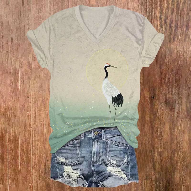 Japanese Elegant Crane Art Print V-neck T-shirt - Beige - US32-34(5XL) - image 1