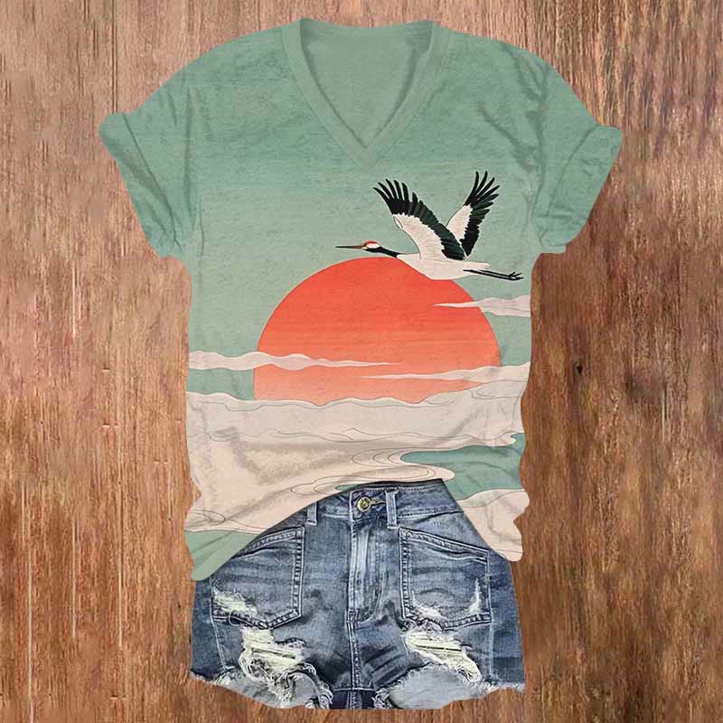 Japanese Crane Fly Across The Sun & Cloud Print V-neck T-shirt - Green - US32-34(5XL) - image 1