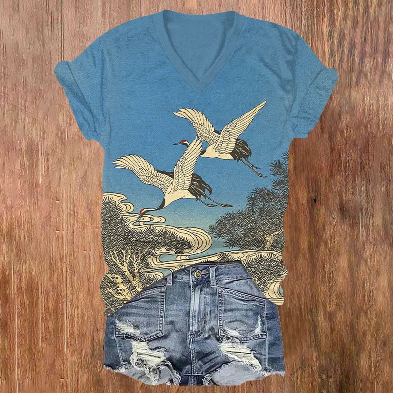 Japanese Couple Crane & Pine Tree Art Print V-neck T-shirt - Blue - US32-34(5XL) - image 1