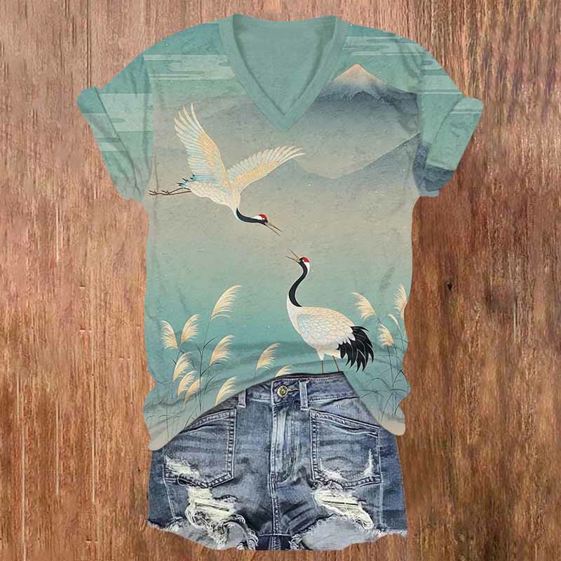 Japanese Loving Crane & Reed Print V-neck T-shirt - Green - US32-34(5XL) - image 1
