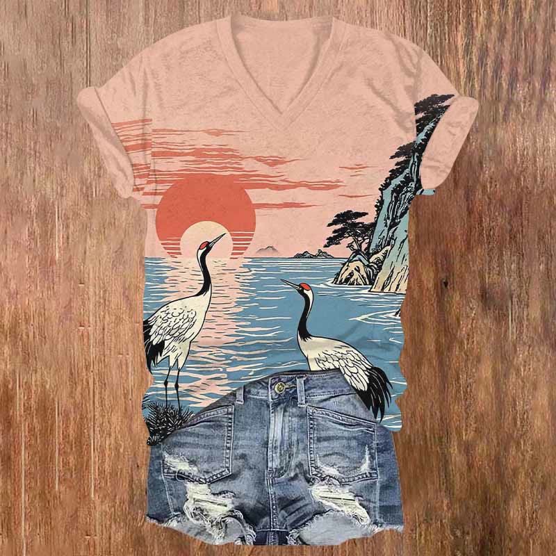 Japanese Sunset Sea & Cranes Art Print V-neck T-shirt - Pink - US32-34(5XL) - image 1