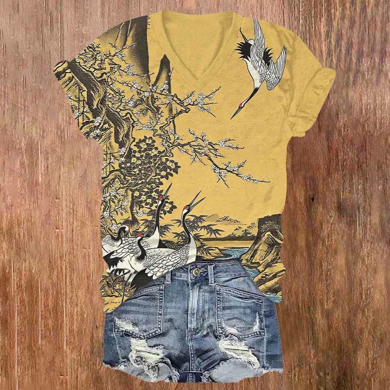 Japanese Ink Watercolor Sakura & Cranes Art Print V-neck T-shirt - Yellow - US32-34(5XL) - image 1