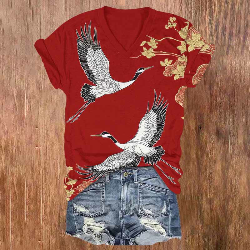 Japanese Floral Flying Elegant Crane Art Print V-neck T-shirt - Red - US32-34(5XL) - image 1