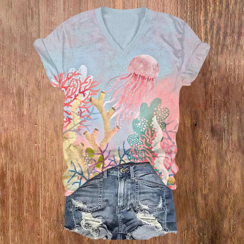 Fantasy Starry Jellyfish Art Print V-neck T-shirt - Pink - US32-34(5XL) - image 1