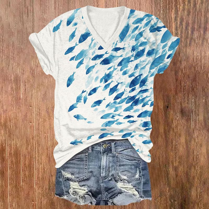Small Blue Fish School Art Print V-neck T-shirt - Blue - US32-34(5XL) - image 1