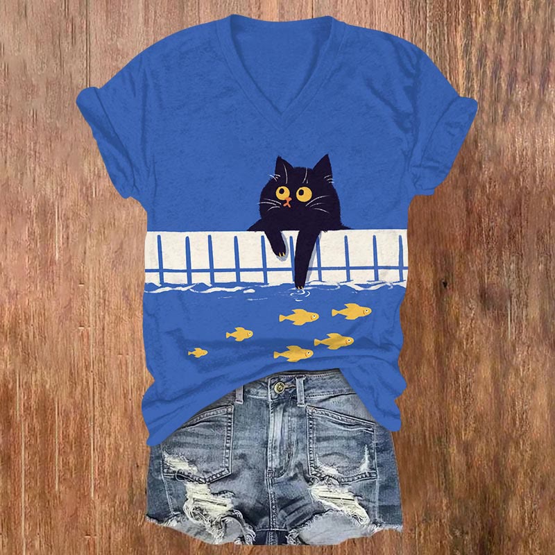 Funny Cat Playing Water & Fish Print V-neck T-shirt - Blue - US32-34(5XL) - image 1